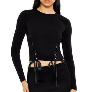 🔥 Y2K Black Lace-Up Long Sleeve Crop Top Streetwear Stylish Trendy Top
